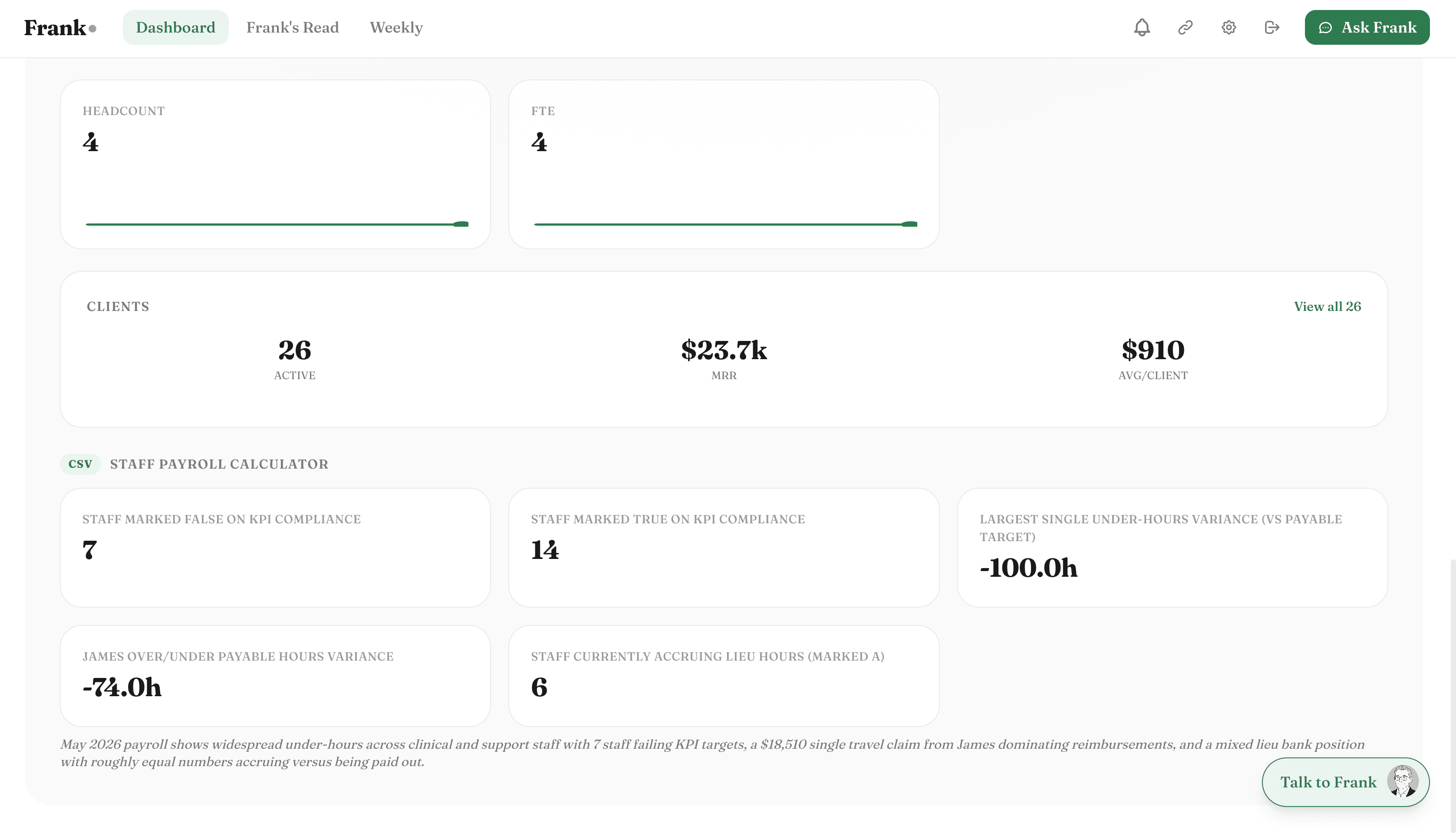 Frank CSV upload integration dashboard